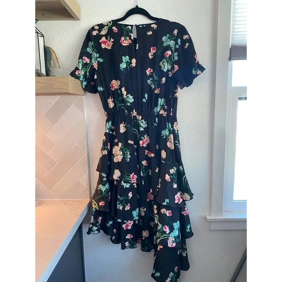 K / Lab Assymetrical Black Floral Dress Ruffle Boho Sz S‎ - Picture 2 of 10
